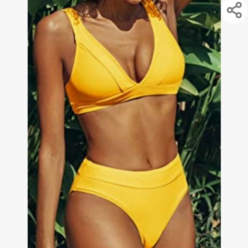 Yellow V-Neck High-Waist Bikini Set - Women Swim